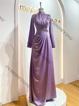 Сатенени апликации Мюсюлмански вечерни рокли Дълъг ръкав ислямски хиджаб официална парти рокля жени линия арабски Дубай роба де соаре