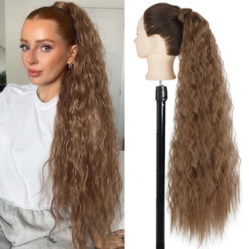 Синтетичен дълъг къдрав конски опашка естествена коса разширение обвивка на клип коса конска опашка разширения за жени блондинка черен кон опашка