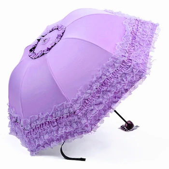 Сладко аниме момиче Лолита Слънчев и дъждовен чадър защита UV дантела сгъваем чадър чадър черно покритие анти UV дантела чадър
