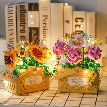 Слънчогледова роза цвете кошница със светлина растение мини градивни блокове играчка десктоп декорация възрастни романтичен подарък деца празнични подаръци