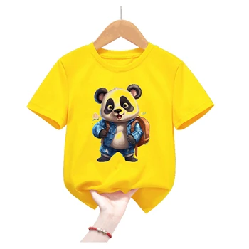 Смешни панди ходят на училище животински печат жълта тениска за момичета / момчета Kawaii детски дрехи летни къс ръкав детски дрехи