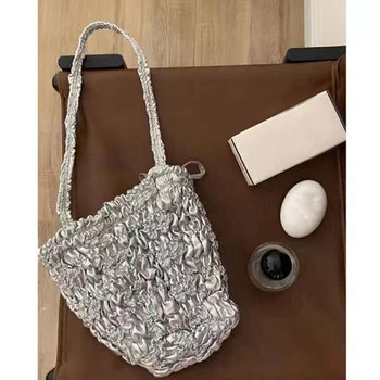 Сребърен нагънат шнур кофа чанта жени мека кожа рамо чанта корейски дизайнер чанта телефон портмонета мода Crossbody чанти