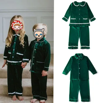 Търговия на едро Малко дете съвпадение семейство коледни дрехи момичета пижами кадифе зелено бебе момчета момичета пижами