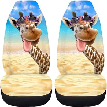 Универсален комплект калъфи за столчета за кола със смешен плажен жираф отпечатан животински протектор за седалката Издръжливи седалки за кофи за превозни средства Подложки за възглавници