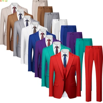 Чист цвят Мъжки костюм Комплект от 3 части (Яке + Жилетка+ Панталони) Червен Син Лилав Зелен Блейзър Жилетка Панталони Мъже Бели Сиви костюми