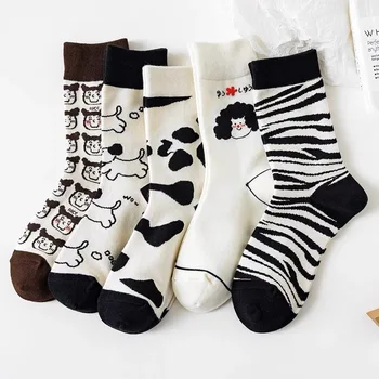 Чорапи Дамски Ins Карикатура Есенни и зимни чорапи Чорапи със средна дължина Корейско издание Сладка зебра крава куче термични запаси жена