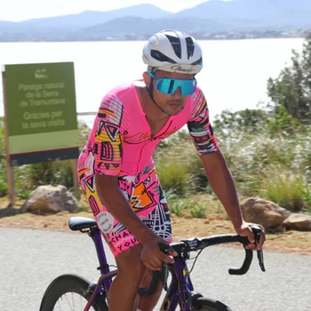 Шезлонг Мъже Триатлон подхожда лято Велосипедни дрехи пътен велосипед гащеризон ropa de ciclismo Розов скинкостюм uci спортно облекло Kit